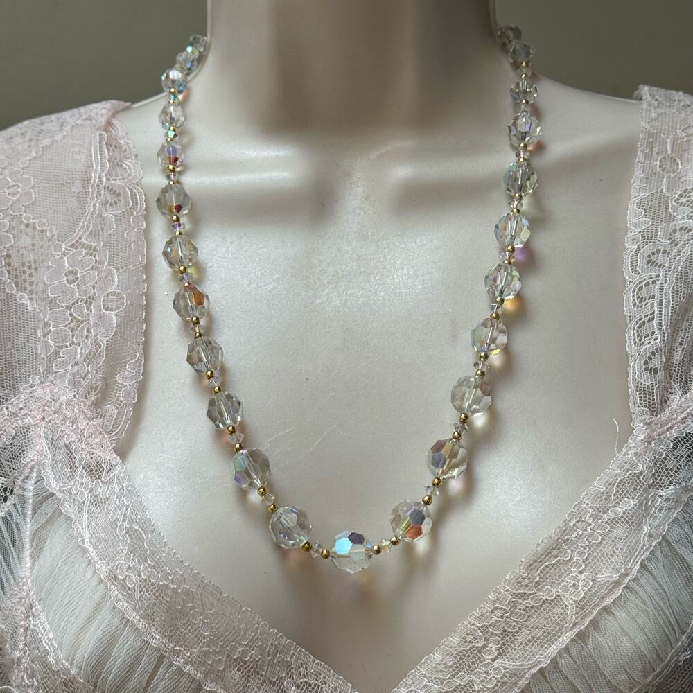 Vintage 1920s 23" Art Deco Graduated AB Crystal Faceted and Gold Beads Necklace - Picture 9 of 12